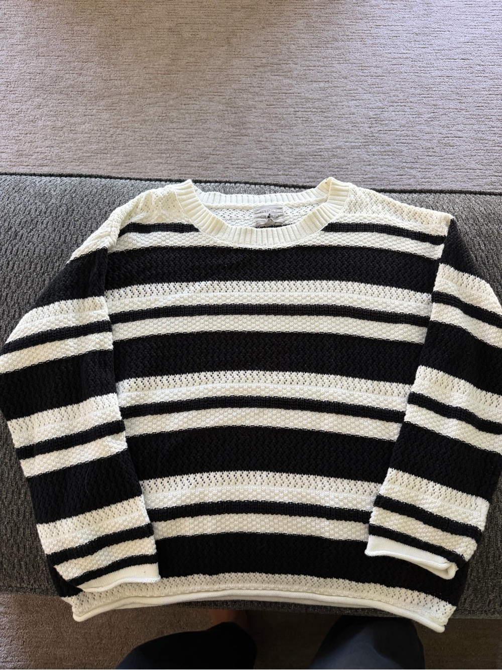 Women's Black and White Striped Crewneck Sweater